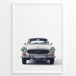 Load image into Gallery viewer, Front view illustration plakat of a classic Volvo P1800 car on a minimalist white background.
