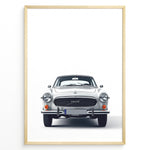 Load image into Gallery viewer, Front view illustration plakat of a classic Volvo P1800 car on a minimalist white background.
