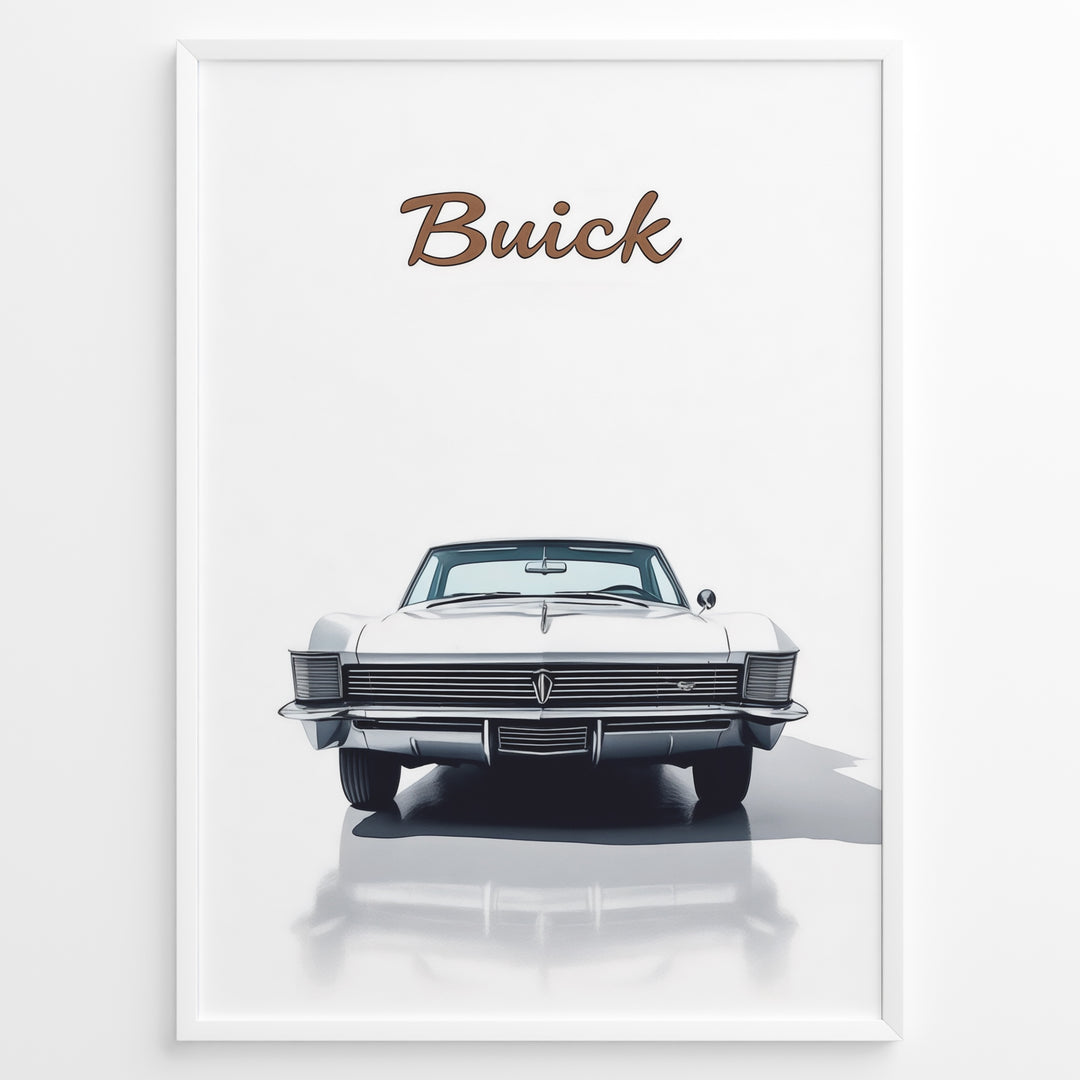 Front view illustration of a classic white Buick Riviera car on a minimalist poster.