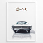 Load image into Gallery viewer, Front view illustration of a classic white Buick Riviera car on a minimalist poster.
