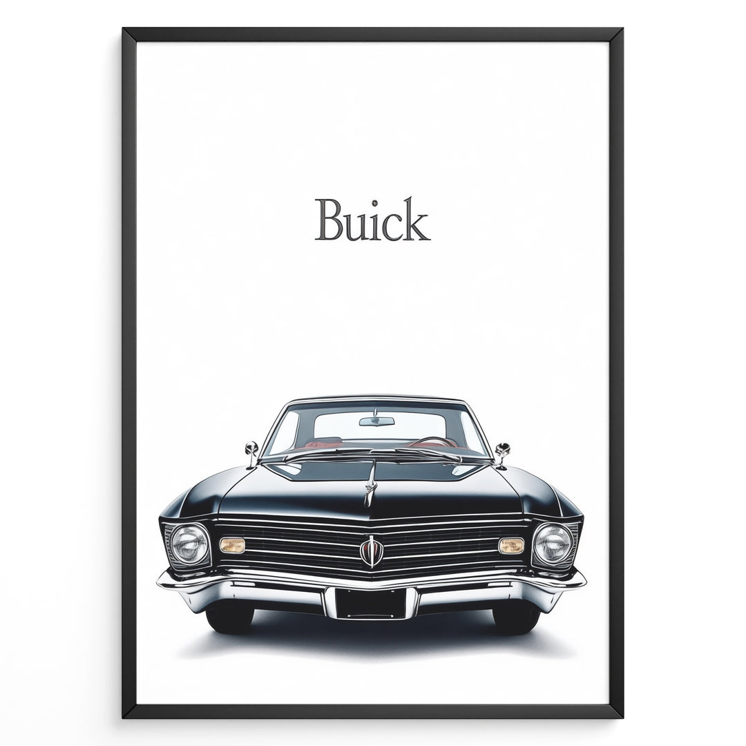Front view of a classic black Buick car on a minimal white background.