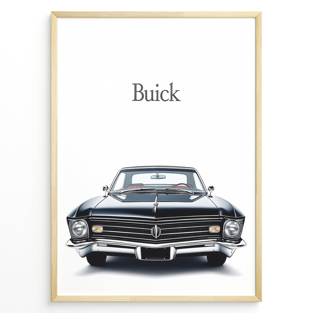 Front view of a classic black Buick car on a minimal white background.