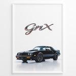 Load image into Gallery viewer, Illustration of a Buick GNX classic black muscle car with bold GNX text above.
