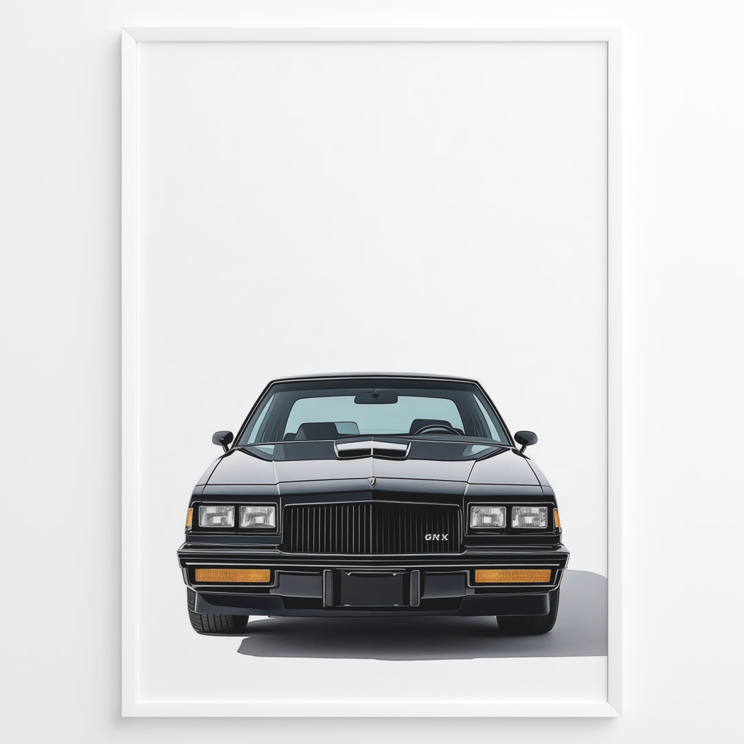 Front view illustration plakat of a black Buick GNX classic muscle car.