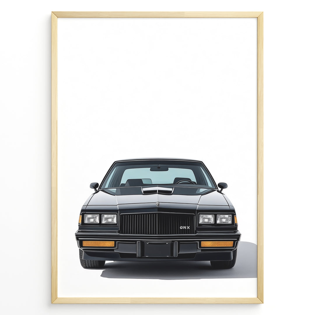Front view illustration plakat of a black Buick GNX classic muscle car.