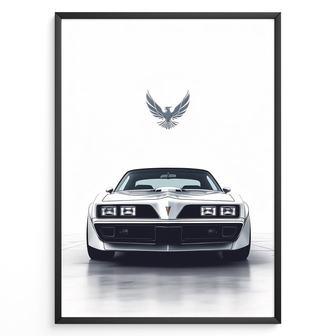 Illustration of a classic white Pontiac Trans Am viewed from the front with a bird emblem above.