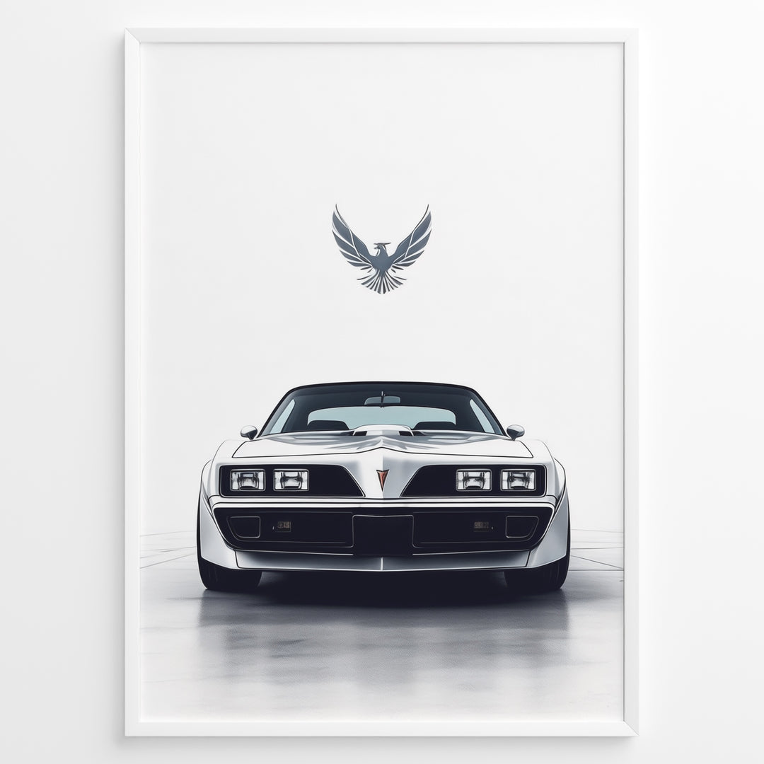 Illustration of a classic white Pontiac Trans Am viewed from the front with a bird emblem above.