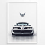 Load image into Gallery viewer, Illustration of a classic white Pontiac Trans Am viewed from the front with a bird emblem above.
