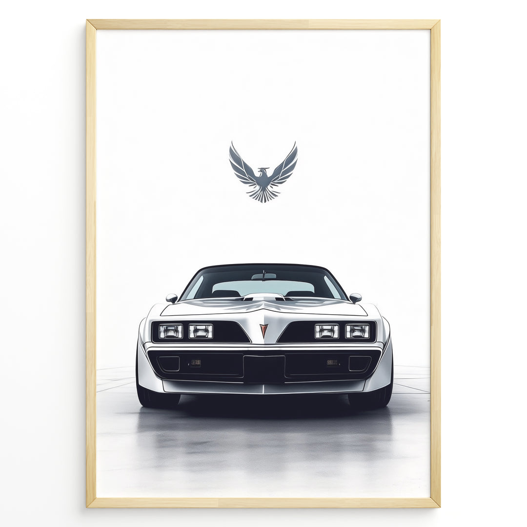 Illustration of a classic white Pontiac Trans Am viewed from the front with a bird emblem above.