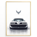 Load image into Gallery viewer, Illustration of a classic white Pontiac Trans Am viewed from the front with a bird emblem above.
