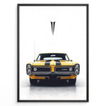 Load image into Gallery viewer, Yellow Pontiac GTO Judge vintage muscle car front view illustration poster.
