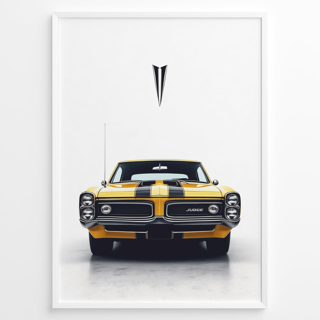 Yellow Pontiac GTO Judge vintage muscle car front view illustration poster.