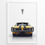 Load image into Gallery viewer, Yellow Pontiac GTO Judge vintage muscle car front view illustration poster.
