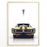 Load image into Gallery viewer, Yellow Pontiac GTO Judge vintage muscle car front view illustration poster.
