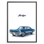 Load image into Gallery viewer, Illustration of a blue Pontiac GTO Judge classic muscle car on a white background.
