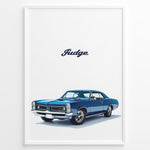 Load image into Gallery viewer, Illustration of a blue Pontiac GTO Judge classic muscle car on a white background.
