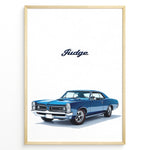 Load image into Gallery viewer, Illustration of a blue Pontiac GTO Judge classic muscle car on a white background.
