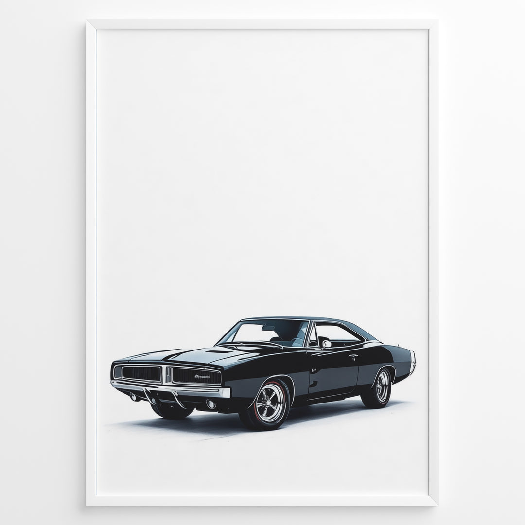 Front-angled illustration of a black classic Dodge Charger muscle car on a white background.