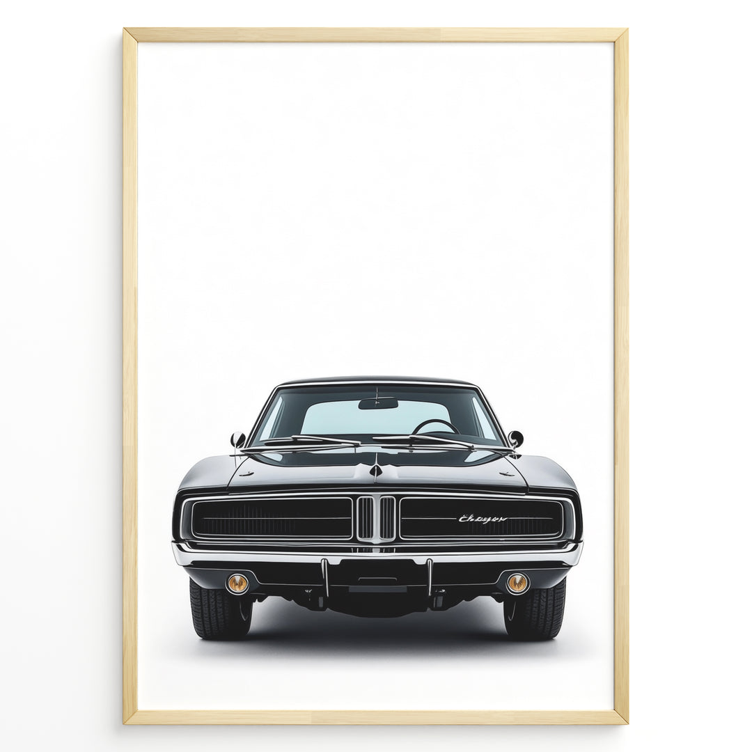 Front view illustration of a classic black Dodge Charger car.