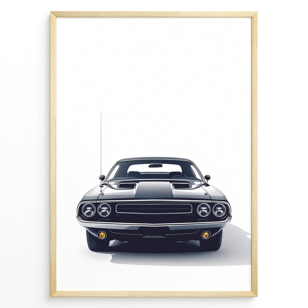 Front view illustration of a classic Dodge Challenger muscle car