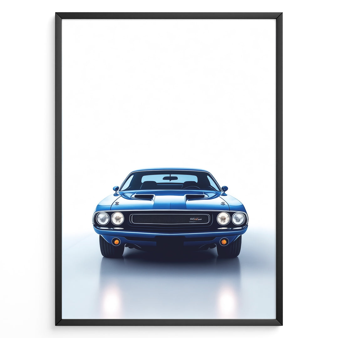 Front view illustration of a classic Dodge Challenger muscle car in blue.