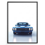 Load image into Gallery viewer, Front view illustration of a classic Dodge Challenger muscle car in blue.
