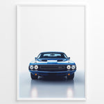 Load image into Gallery viewer, Front view illustration of a classic Dodge Challenger muscle car in blue.
