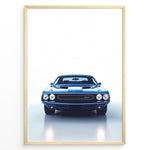Load image into Gallery viewer, Front view illustration of a classic Dodge Challenger muscle car in blue.

