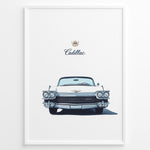Load image into Gallery viewer, Front-view illustration of a vintage white Cadillac convertible on a minimalist poster.
