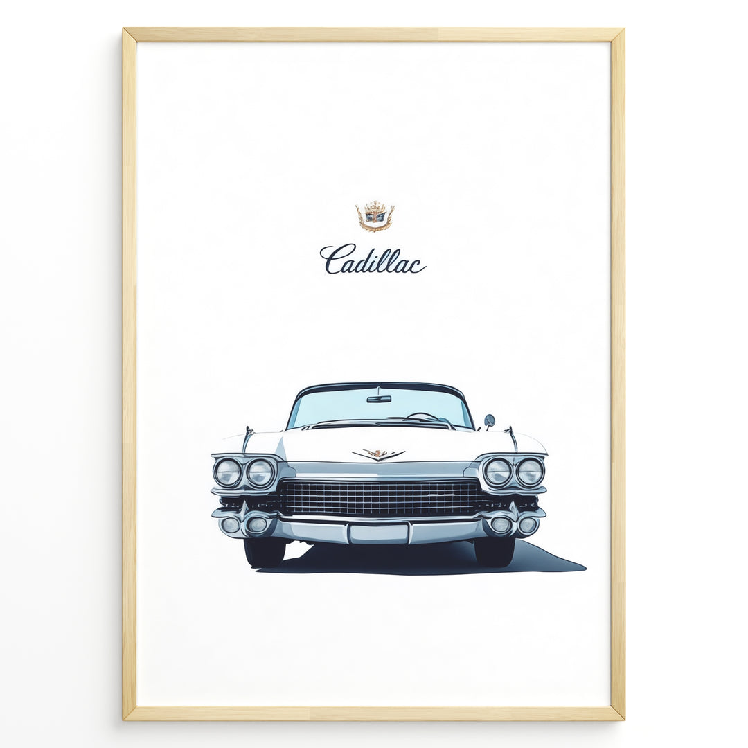 Front-view illustration of a vintage white Cadillac convertible on a minimalist poster.