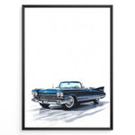 Load image into Gallery viewer, Illustration of a classic blue vintage convertible car in a minimalist framed poster.
