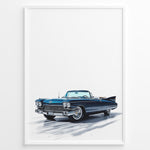 Load image into Gallery viewer, Illustration of a classic blue vintage convertible car in a minimalist framed poster.
