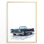 Load image into Gallery viewer, Illustration of a classic blue vintage convertible car in a minimalist framed poster.
