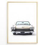 Load image into Gallery viewer, Front-facing illustration of a classic beige convertible car in a minimalist framed poster.
