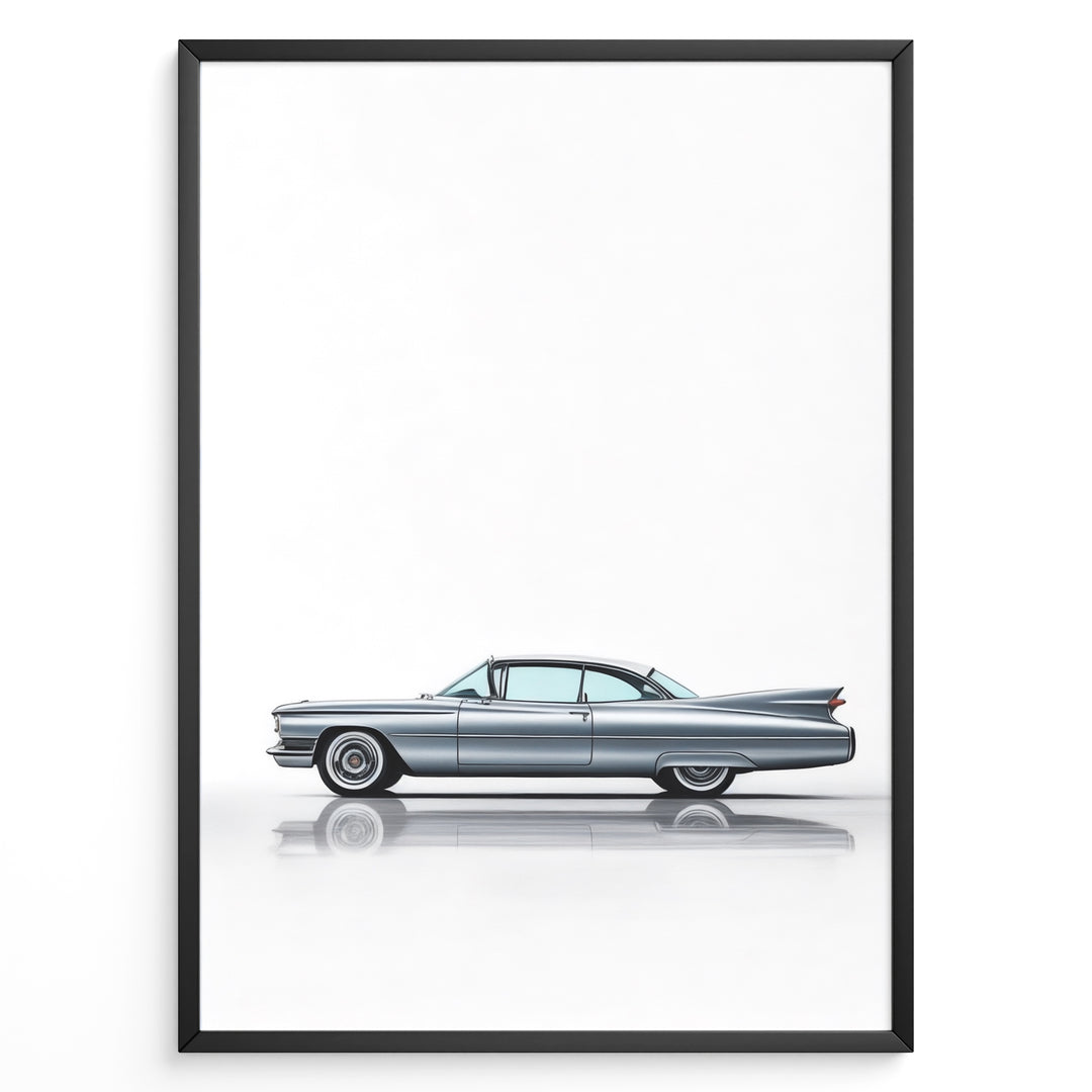 Side profile illustration of a classic blue vintage coupe in a minimalist framed poster.