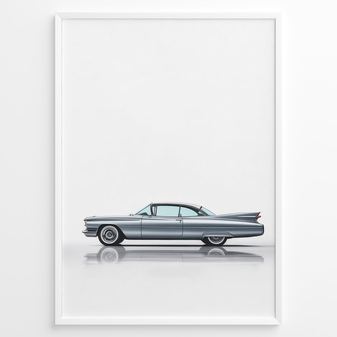 Side profile illustration of a classic blue vintage coupe in a minimalist framed poster.