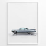 Load image into Gallery viewer, Side profile illustration of a classic blue vintage coupe in a minimalist framed poster.

