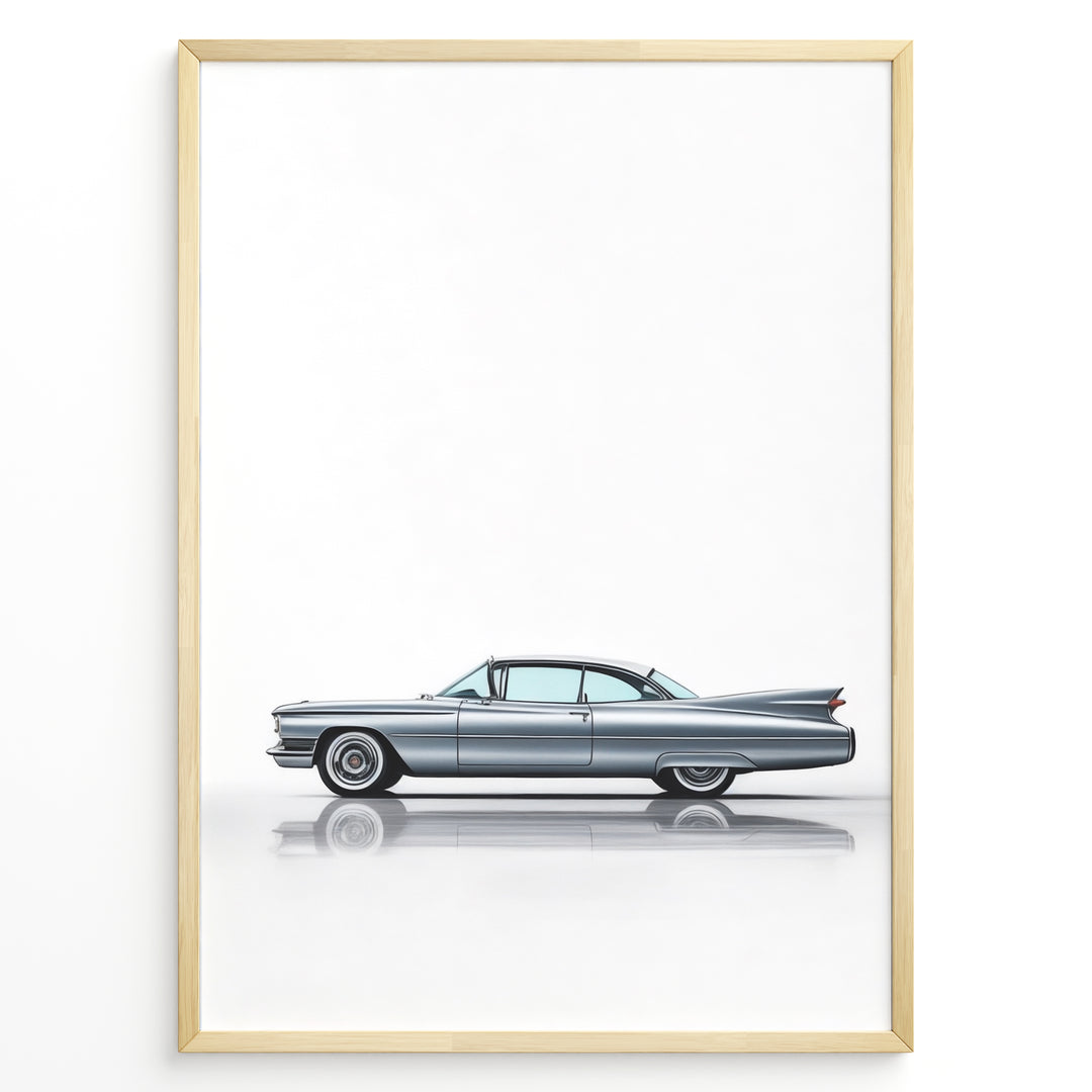 Side profile illustration of a classic blue vintage coupe in a minimalist framed poster.