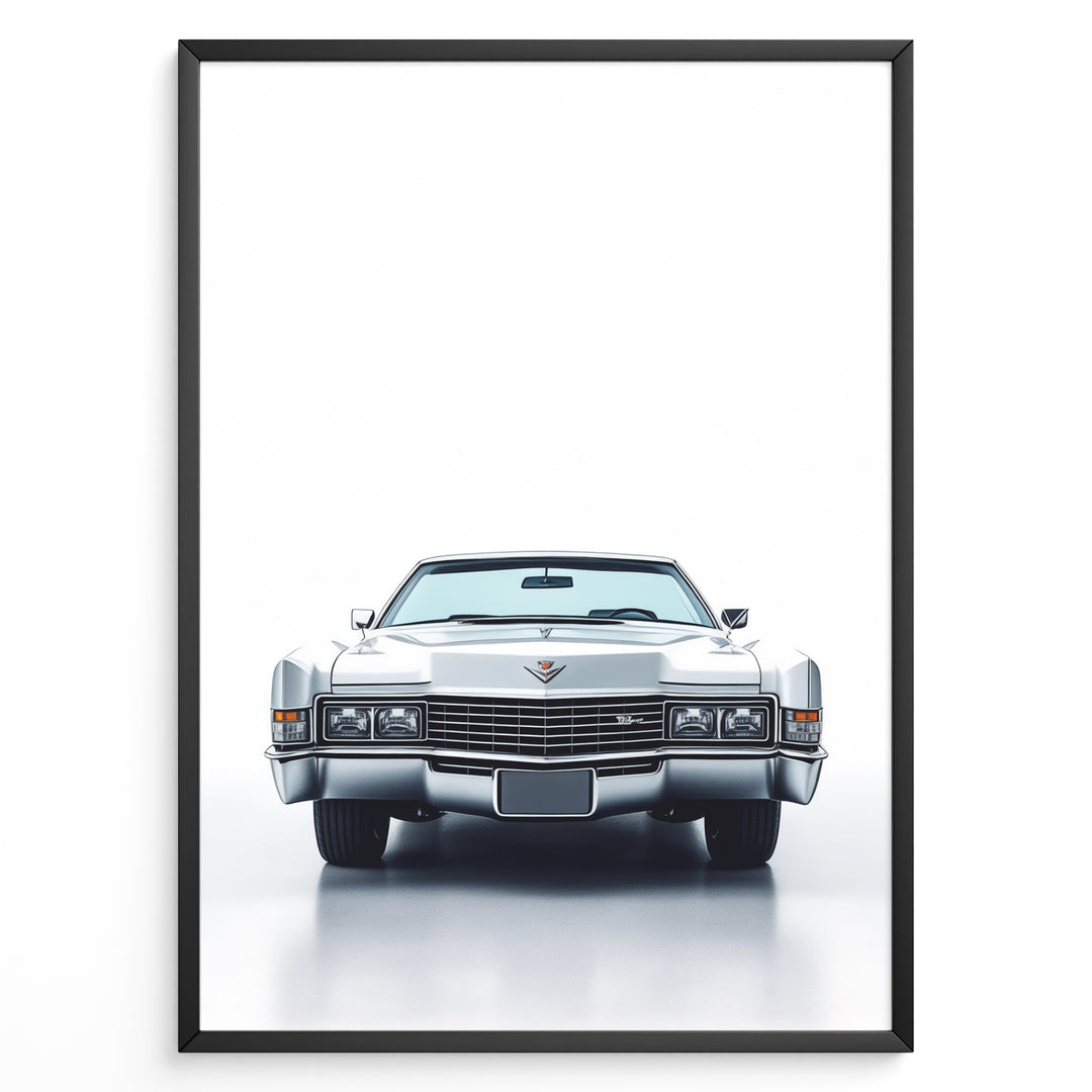 Front-facing illustration of a classic white vintage convertible car in a minimalist framed poster.
