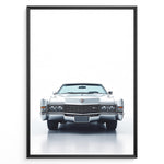 Load image into Gallery viewer, Front-facing illustration of a classic white vintage convertible car in a minimalist framed poster.
