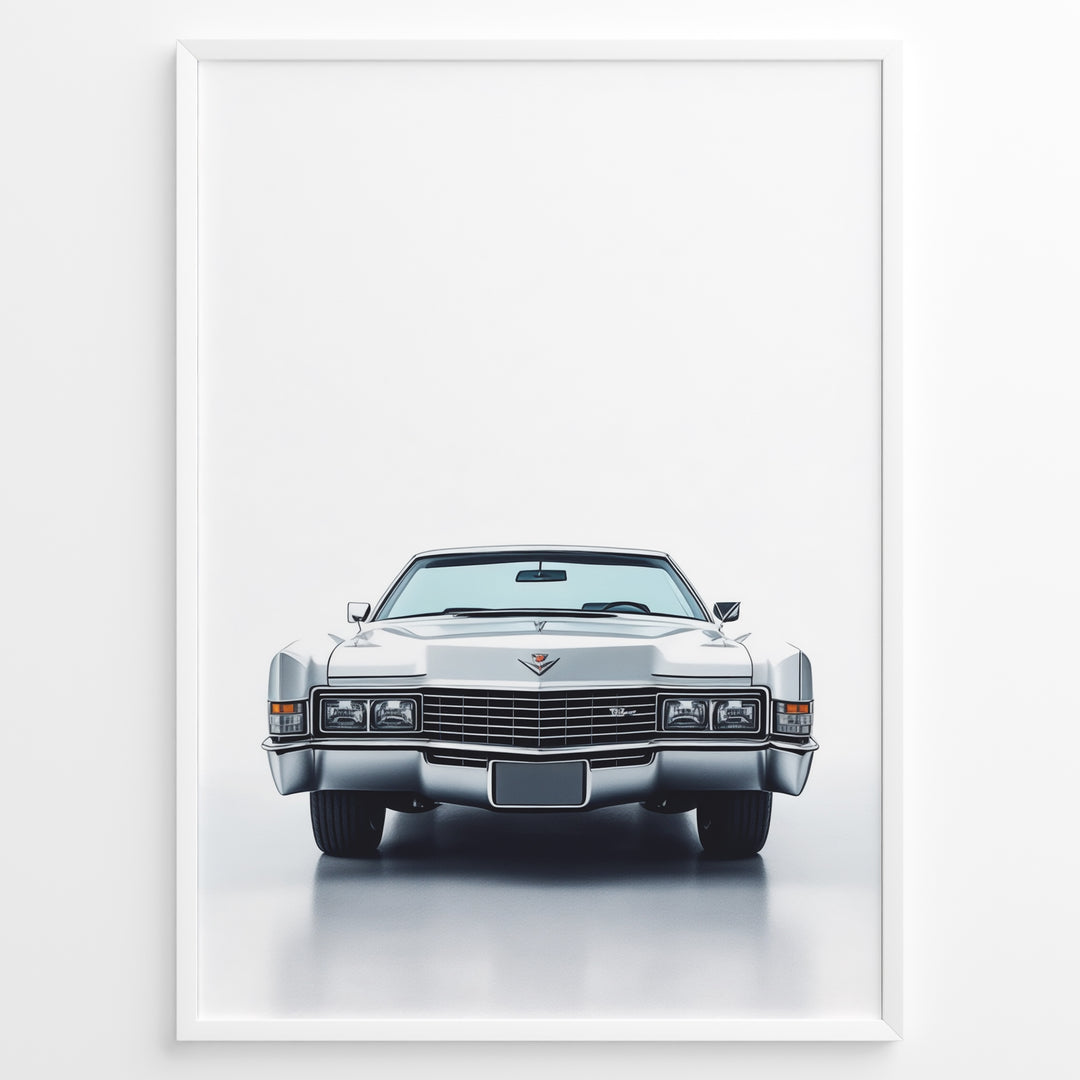 Front-facing illustration of a classic white vintage convertible car in a minimalist framed poster.