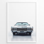 Load image into Gallery viewer, Front-facing illustration of a classic white vintage convertible car in a minimalist framed poster.
