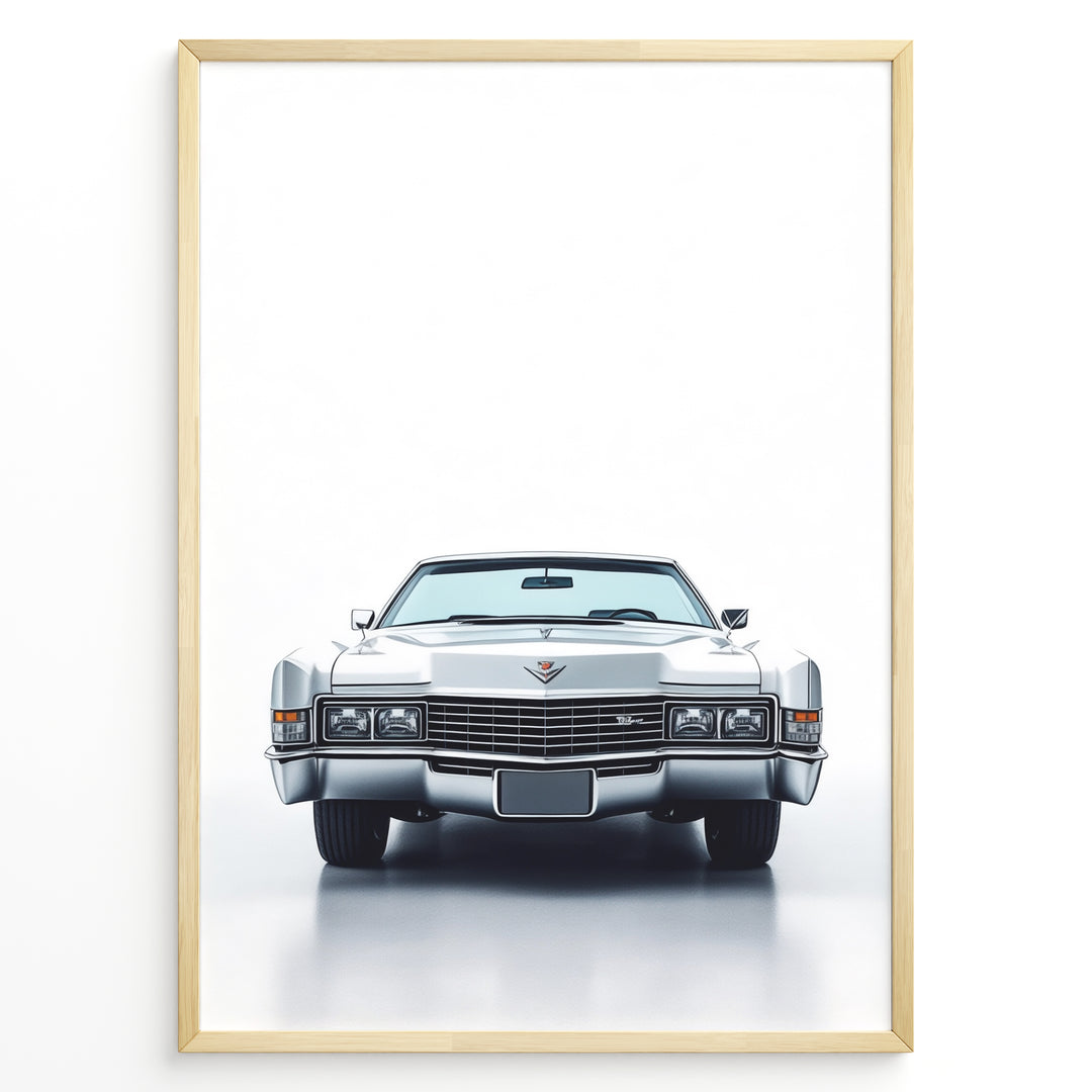 Front-facing illustration of a classic white vintage convertible car in a minimalist framed poster.