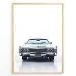 Load image into Gallery viewer, Front-facing illustration of a classic white vintage convertible car in a minimalist framed poster.
