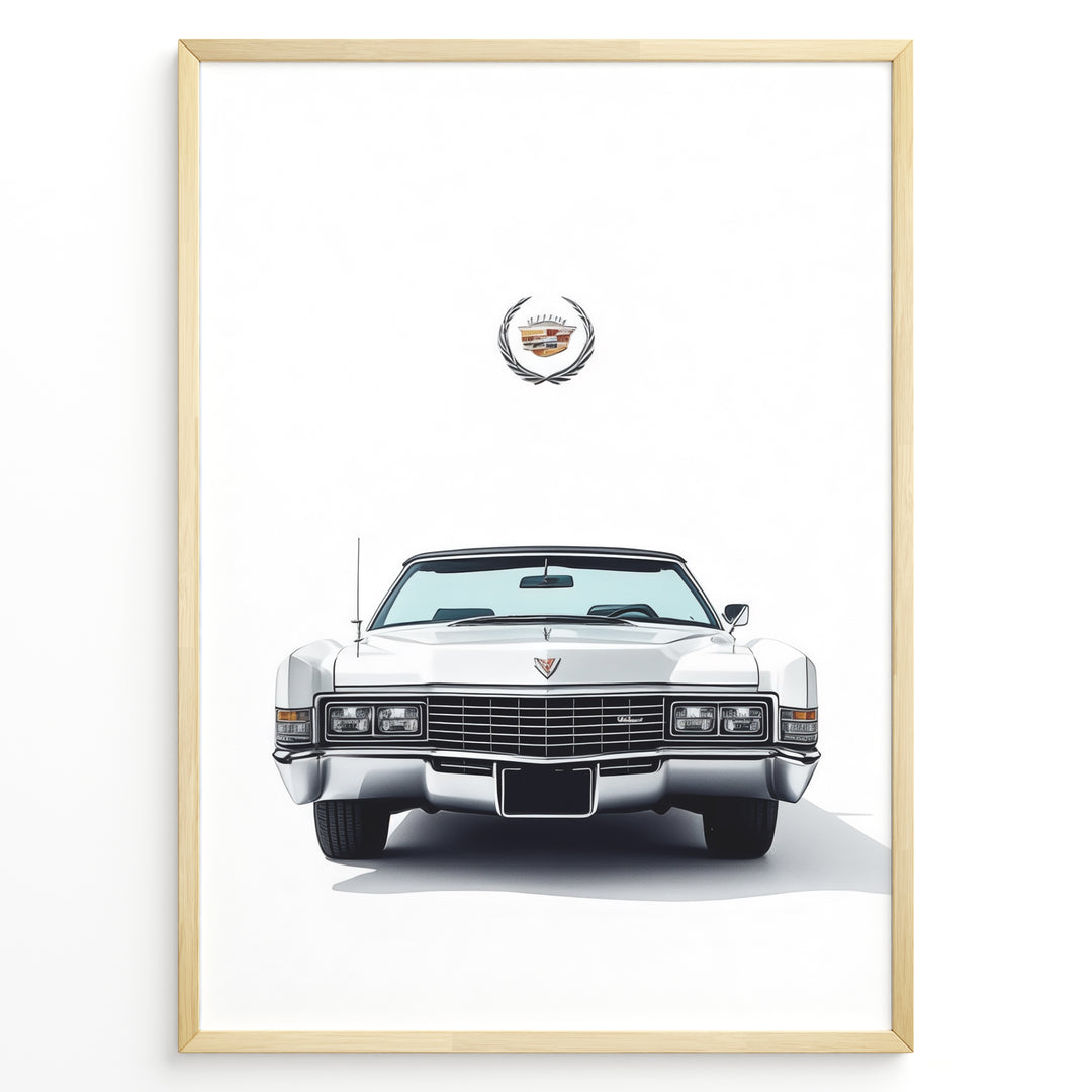Front-facing illustration of a white classic convertible car with an emblem above in a minimalist framed poster.
