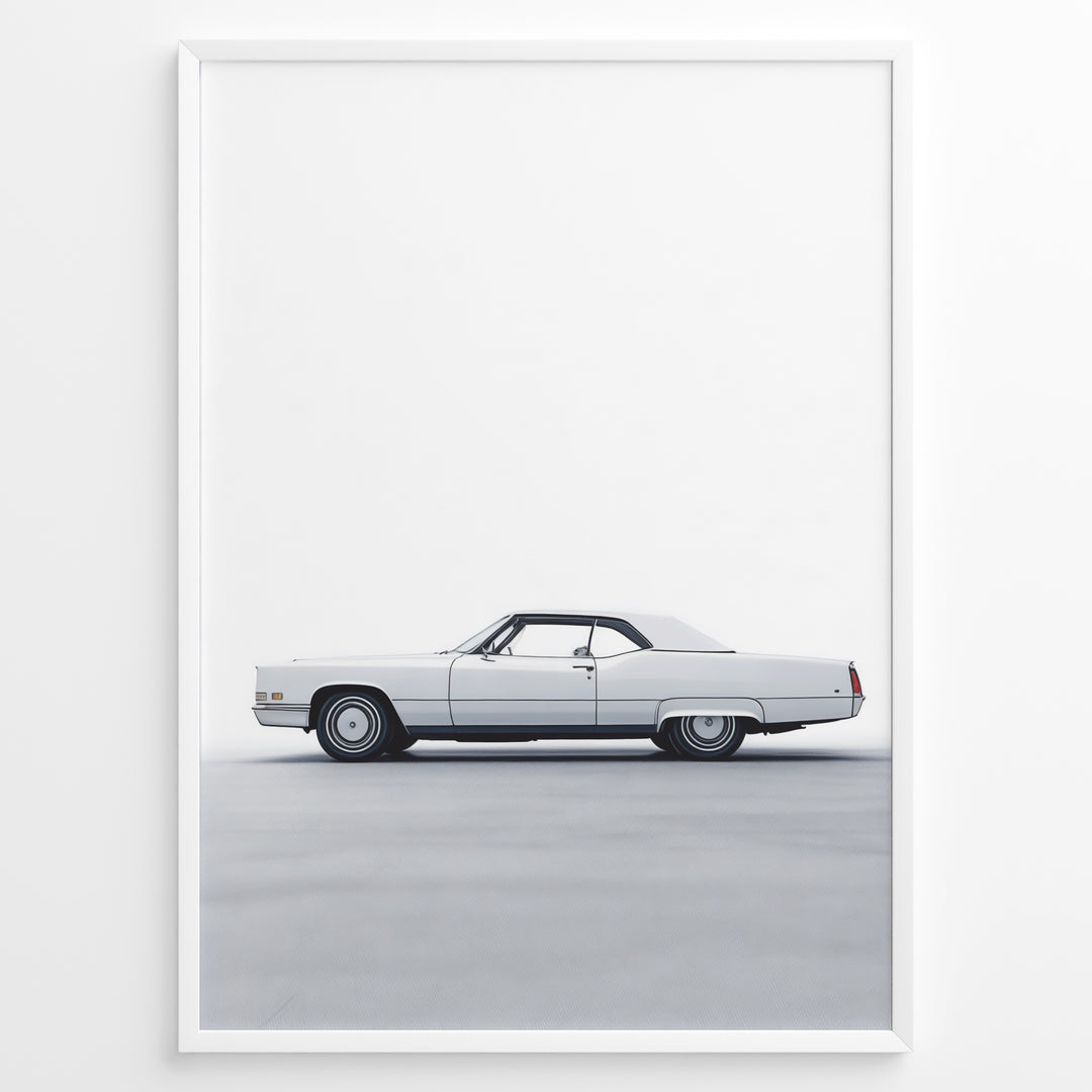 Side profile illustration of a classic white convertible car in a minimalist framed poster.