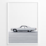 Load image into Gallery viewer, Side profile illustration of a classic white convertible car in a minimalist framed poster.
