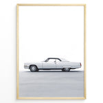 Load image into Gallery viewer, Side profile illustration of a classic white convertible car in a minimalist framed poster.
