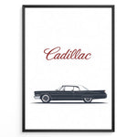 Load image into Gallery viewer, Minimalist side profile illustration of a classic Cadillac car with “Cadillac” text above in a framed poster.
