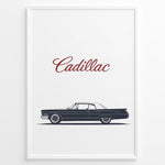 Load image into Gallery viewer, Minimalist side profile illustration of a classic Cadillac car with “Cadillac” text above in a framed poster.
